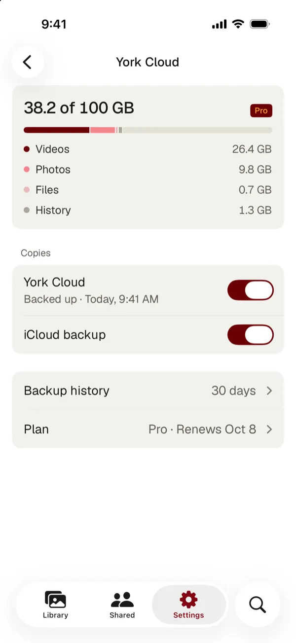 York Cloud: 38.2 of 100 GB used by videos, photos, files and history, with York Cloud and iCloud backup both on