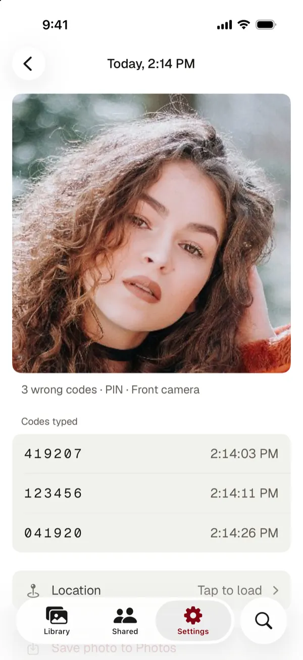 One attempt: a front camera photo, 3 wrong codes with a PIN, and the codes typed with their times