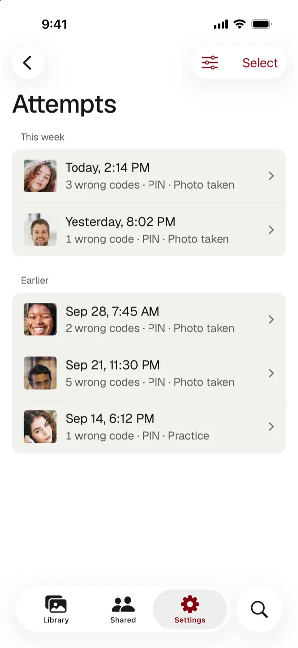 The Attempts list with the date, number of wrong codes and photo taken for each attempt