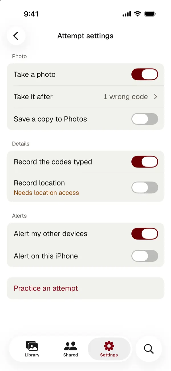 Attempt settings: take a photo after 1 wrong code, record the codes typed, record location, alert other devices, and practice an attempt