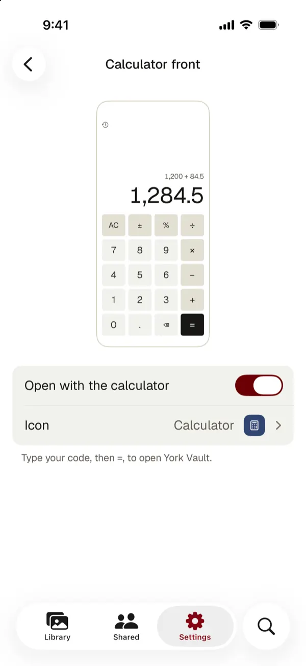 Settings for the calculator front: open with the calculator switched on, and the Calculator icon