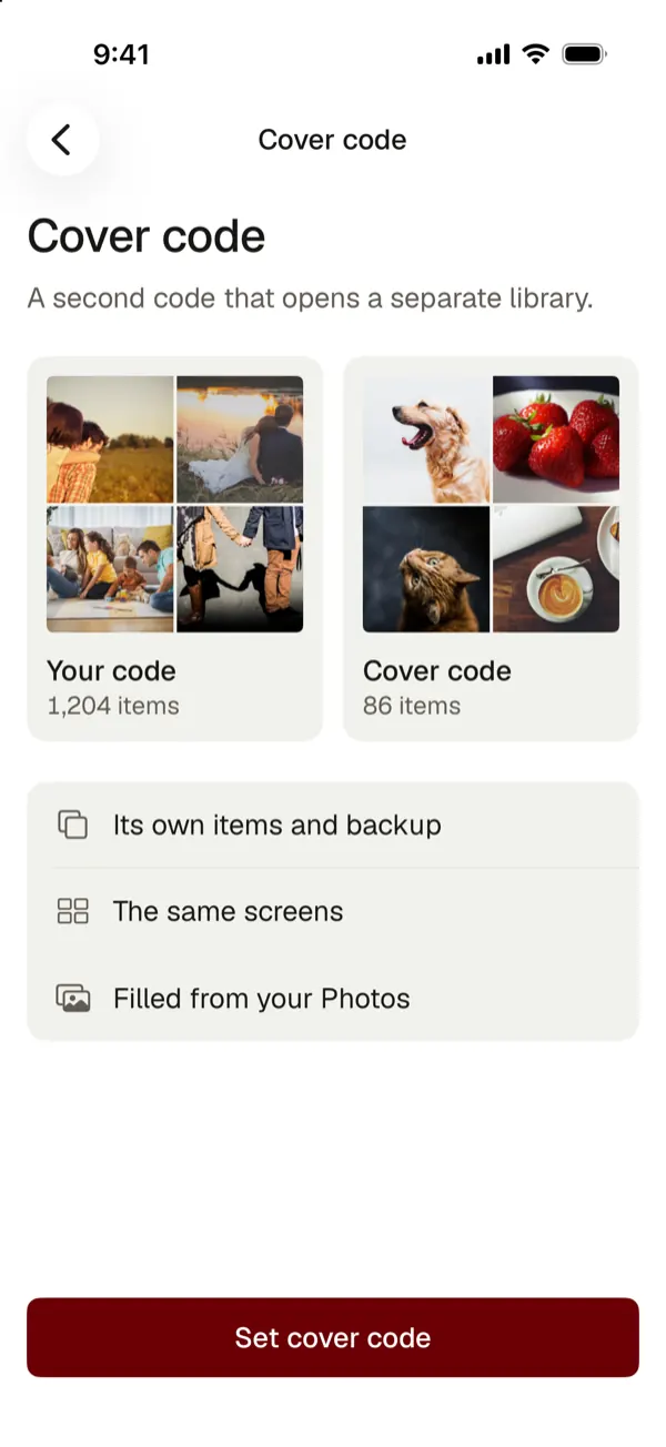 The cover code screen: your code opens your library, the cover code opens a separate library with its own items