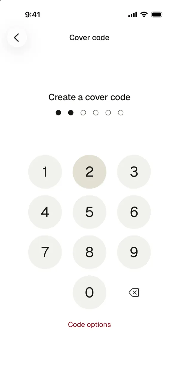 A keypad screen titled Create a cover code