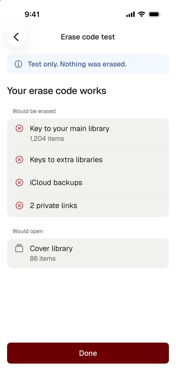 Erase code test: nothing was erased, with what would be erased and the cover library that would open