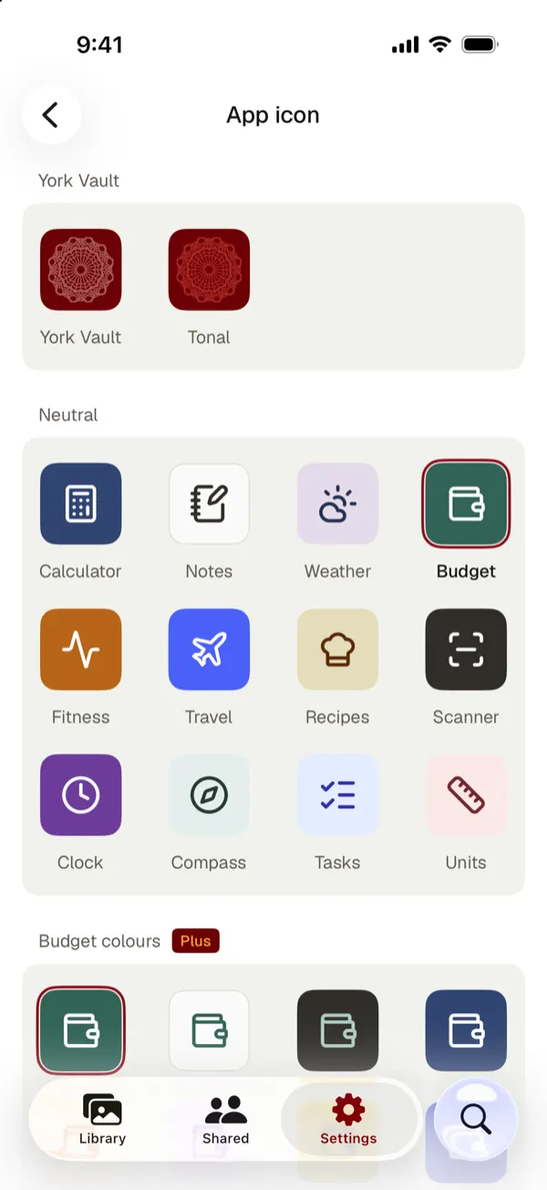 The York Vault app icon picker with neutral icons such as Calculator, Notes, Weather, Fitness, Travel and Budget