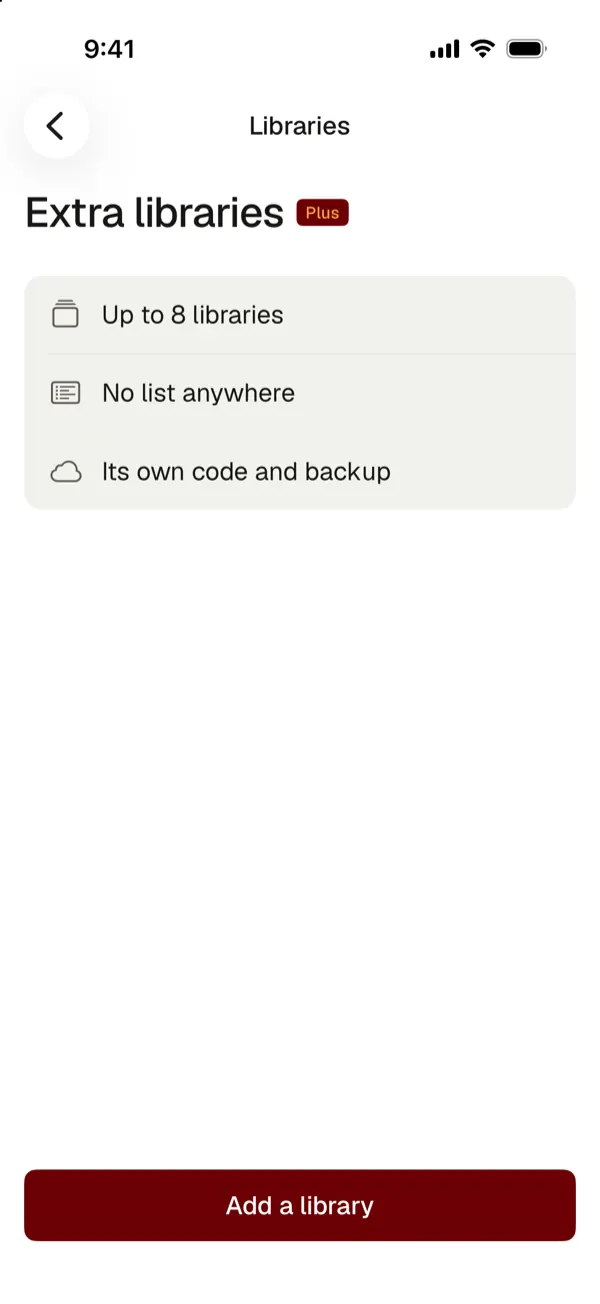The Extra libraries screen: up to 8 libraries, no list anywhere, its own code and backup