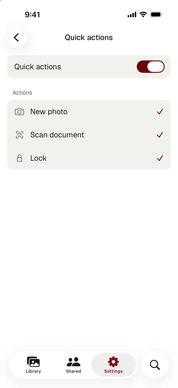 Quick actions: new photo, scan document and lock
