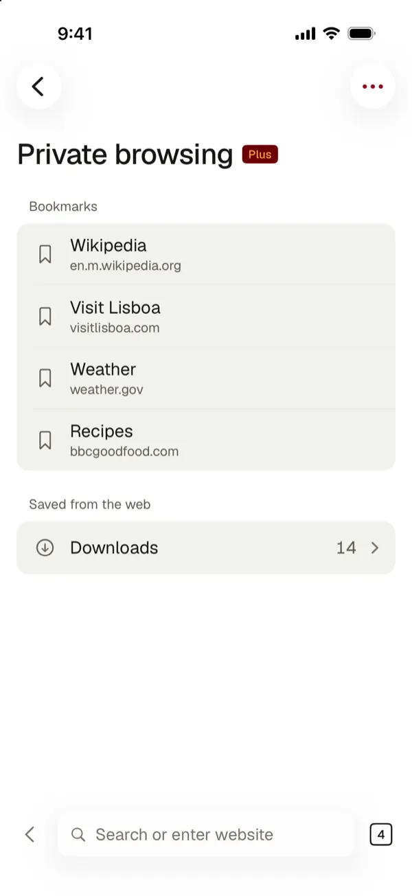 Private browsing in York Vault with bookmarks and a Downloads folder