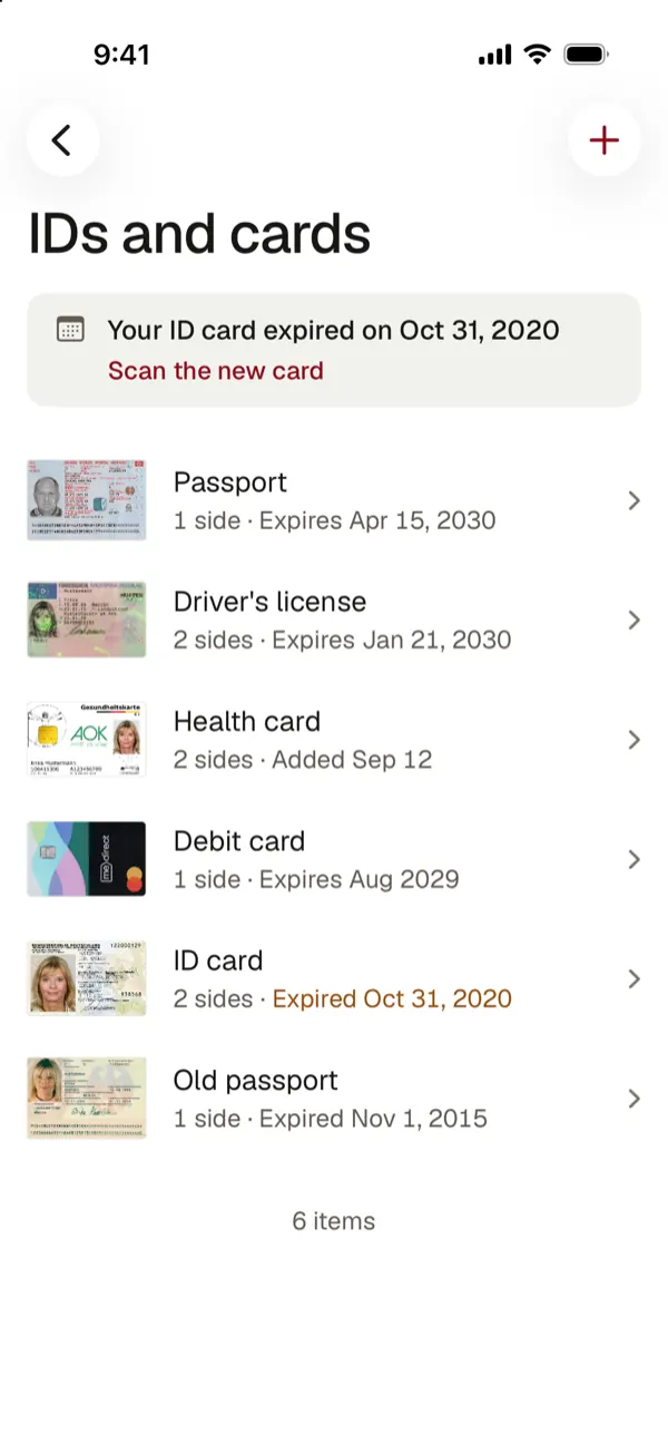 The IDs and cards list: passport, driver's license, health card, debit card and ID cards, each with its expiry date, and a note that one ID card expired