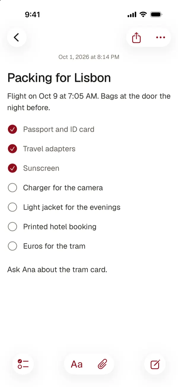 A note with a checklist, some items checked