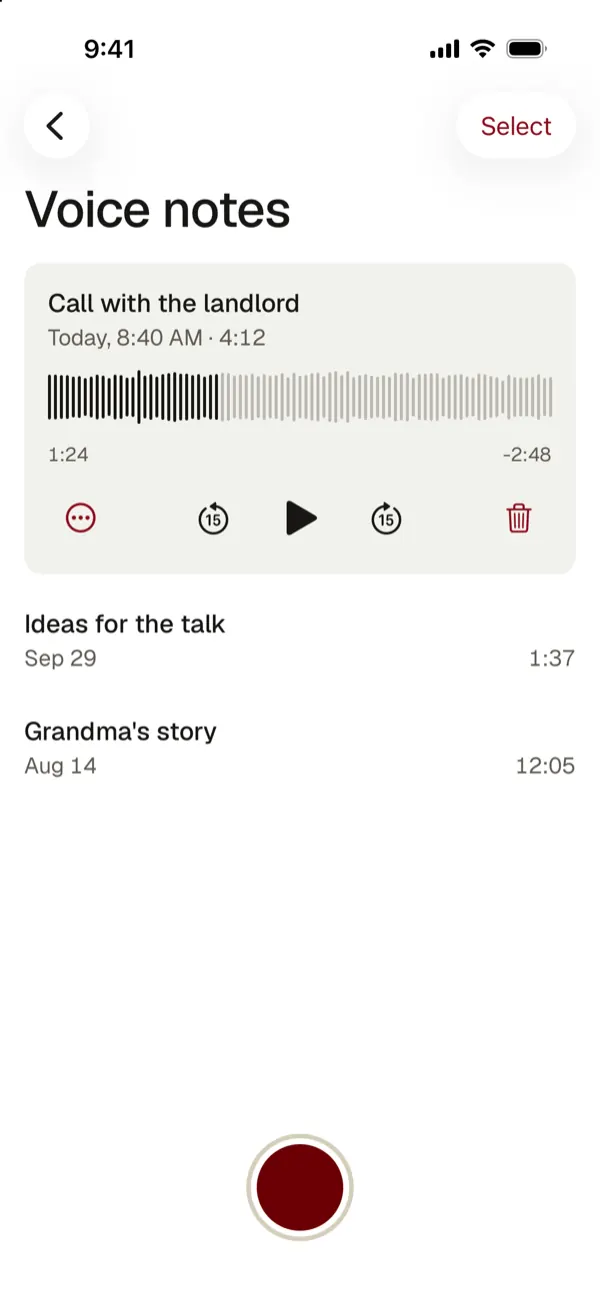 The Voice notes list with one note playing and a record button