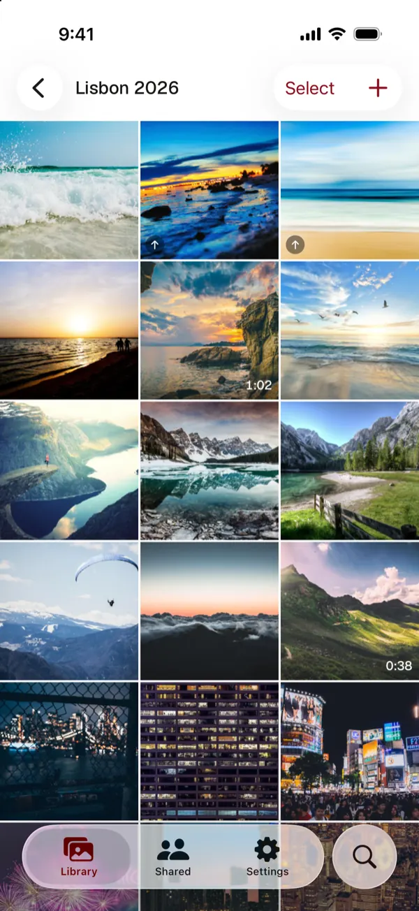 An album grid in York Vault with photos and videos