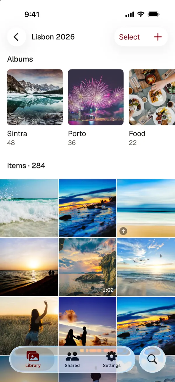 An album with three albums inside it at the top and its own photos below