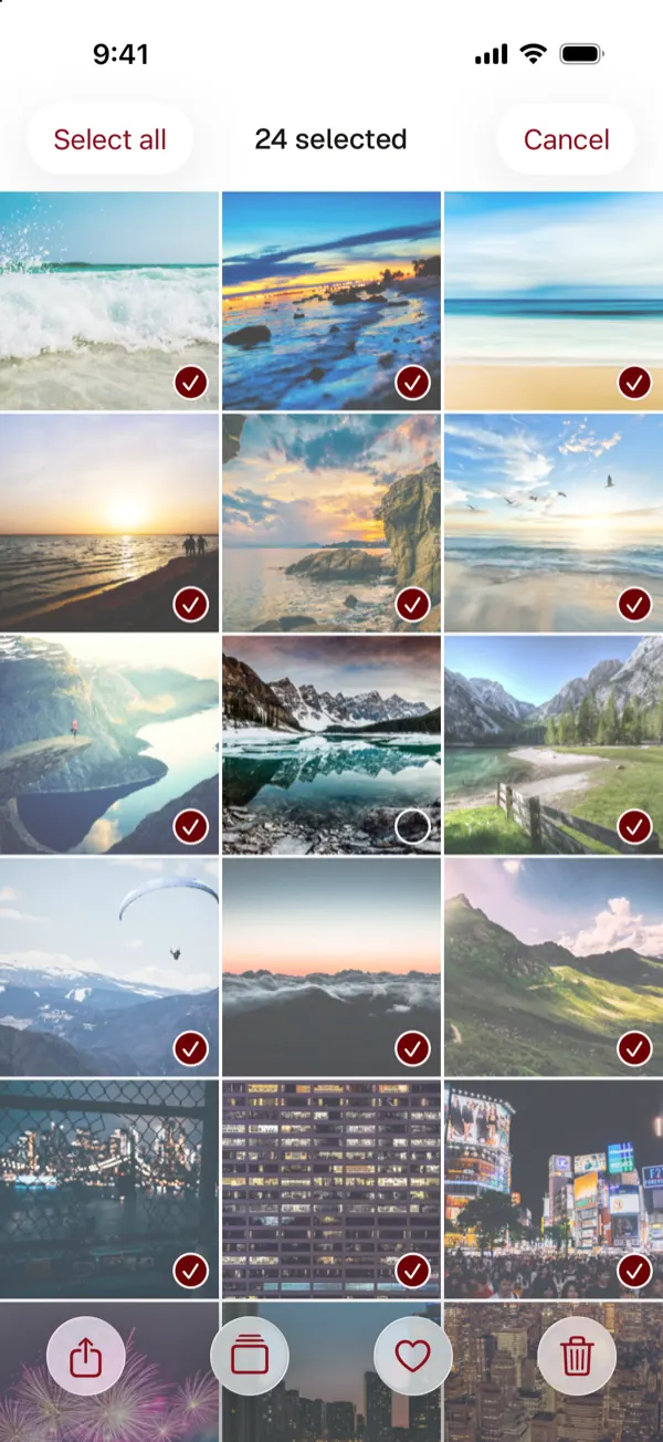 An album grid with 24 photos selected and buttons to share, move, favorite and delete