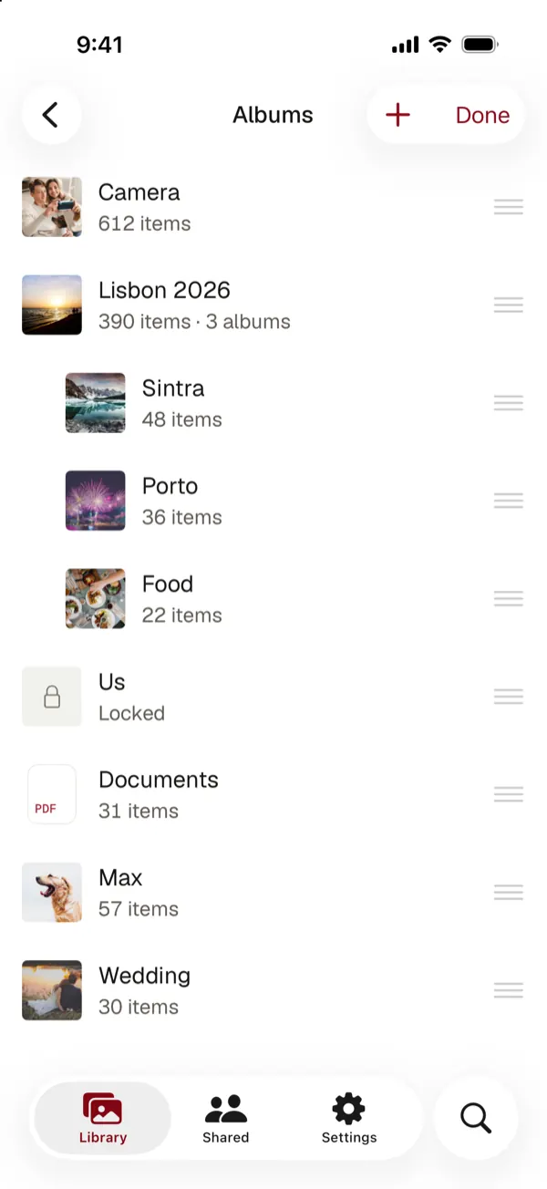 The album list with albums nested under a parent album and handles to reorder them