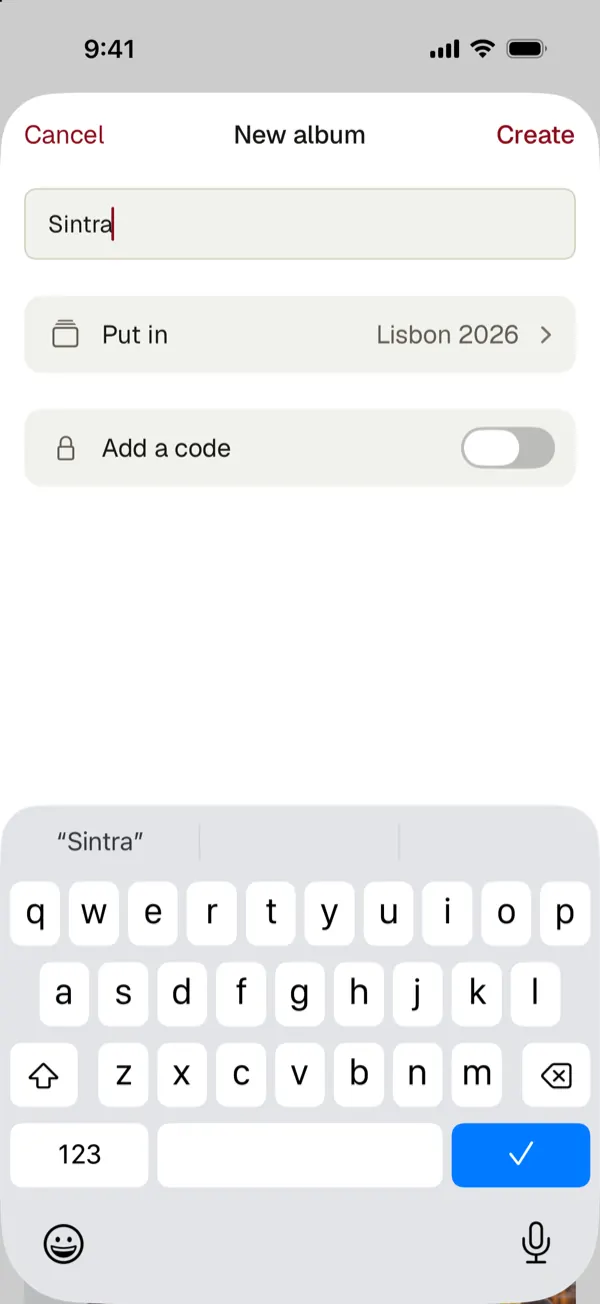 New album with a name field, where to put it, and a switch to add a code