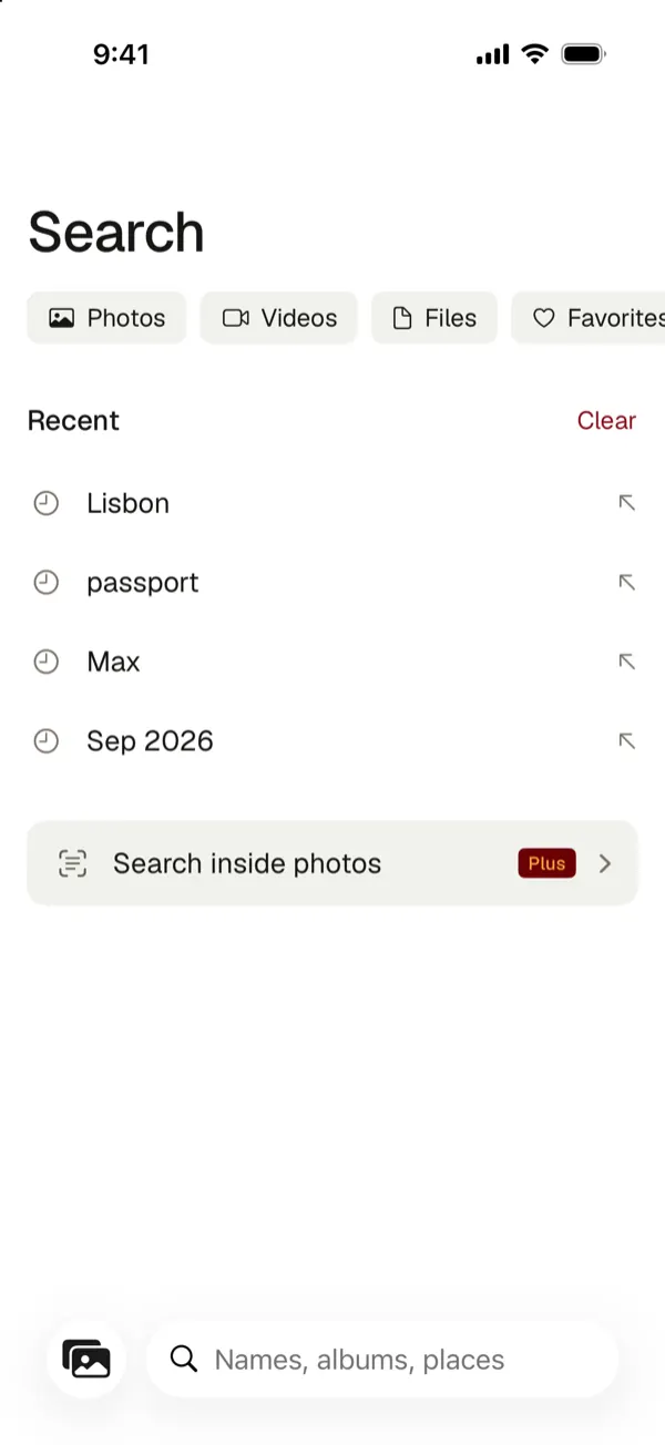 Search with filters for photos, videos, files and favorites, recent searches and Search inside photos