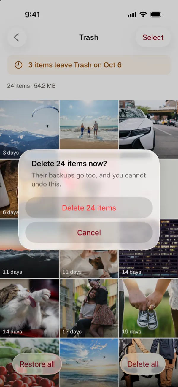 A prompt to delete 24 items now, saying their backups go too and you cannot undo this