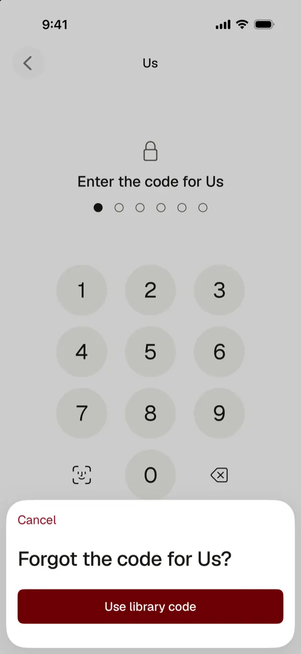 A sheet titled Forgot the code for this album, with a button to use the library code