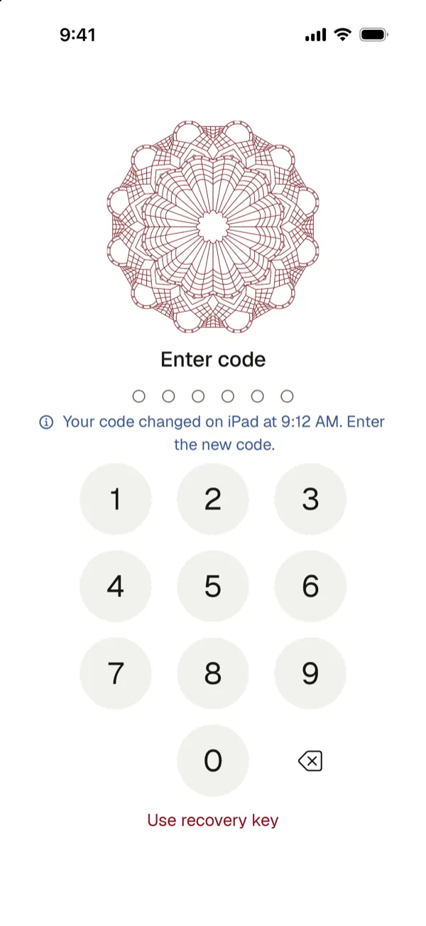 The code screen on another device saying your code changed on iPad at 9:12 AM, enter the new code
