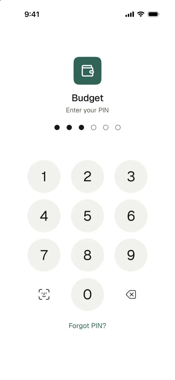 A code screen with a green Budget icon and the words Enter your PIN, styled to match the Budget icon