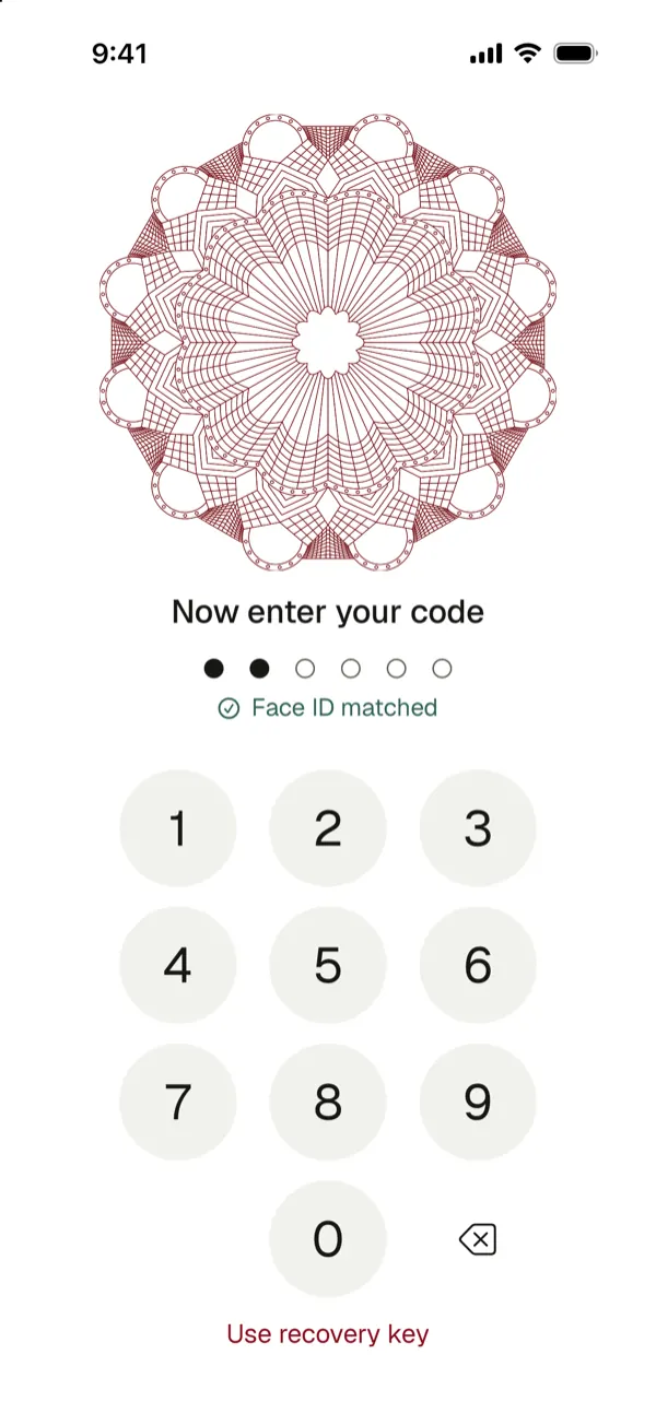 The code screen after Face ID matched, asking for the code as the second step