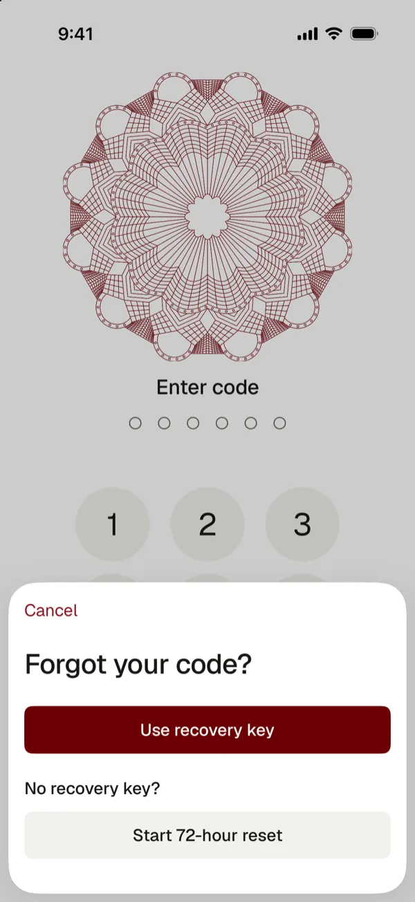Forgot your code sheet: use recovery key, or start a 72-hour reset