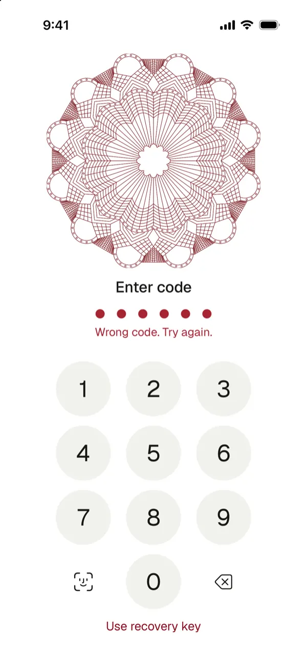 The code screen outside a trusted place, saying Wrong code, try again