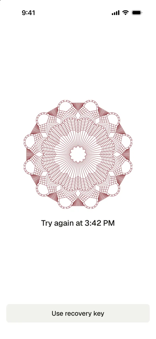 A York Vault screen that says Try again at 3:42 PM after too many wrong codes, with a Use recovery key button