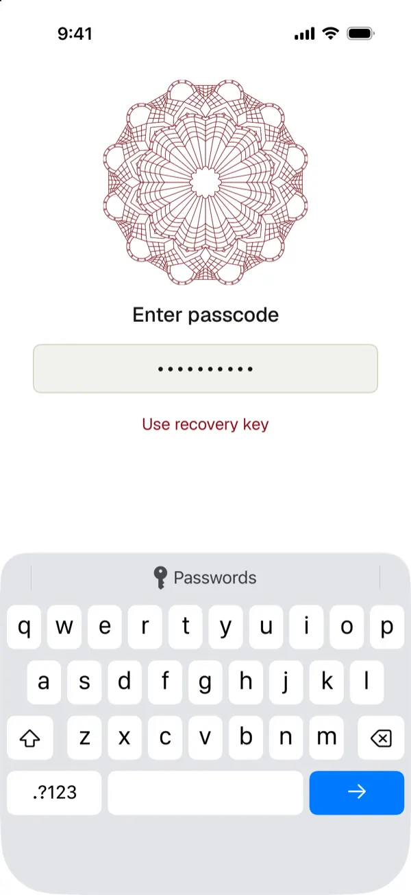 The York Vault passcode screen with a passcode field and the keyboard