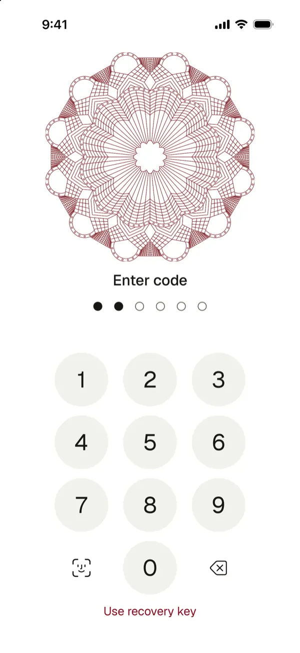 The York Vault code screen with the rosette, six code dots and a keypad