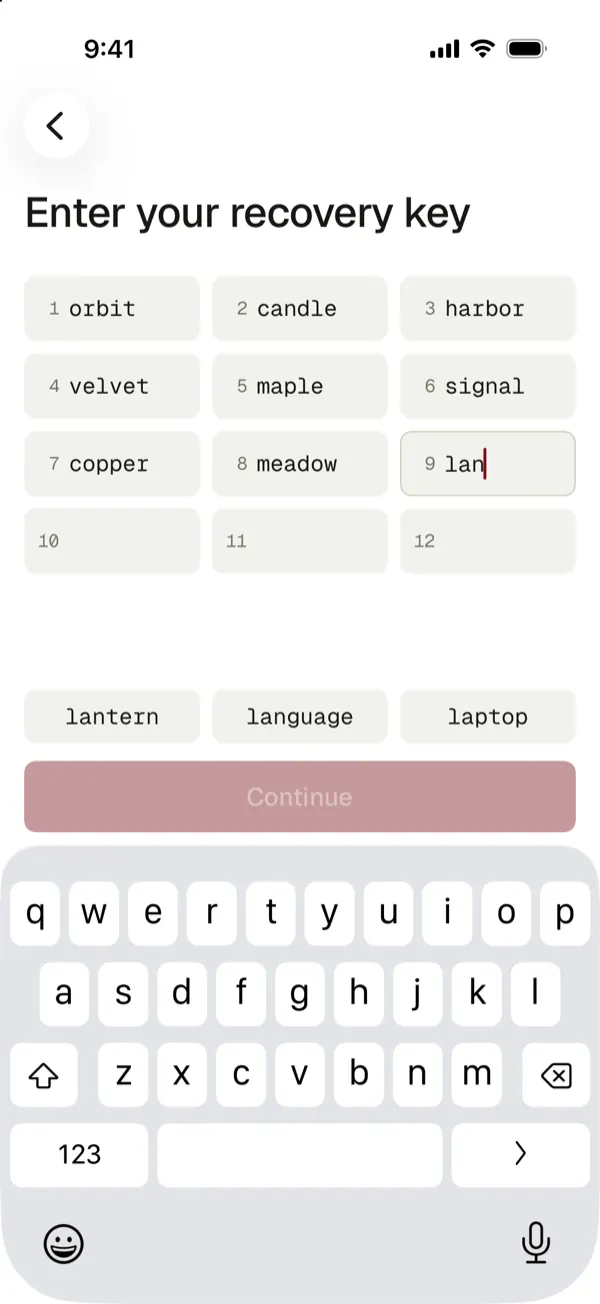 Enter your recovery key: 12 fields with word suggestions