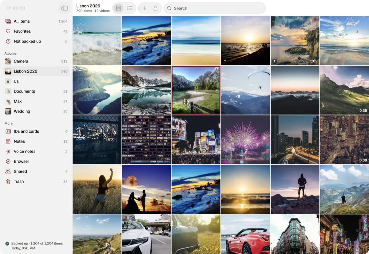 The York Vault Mac app: a sidebar with all items, favorites, albums, IDs and cards, notes and Trash, and a grid of photos in one album