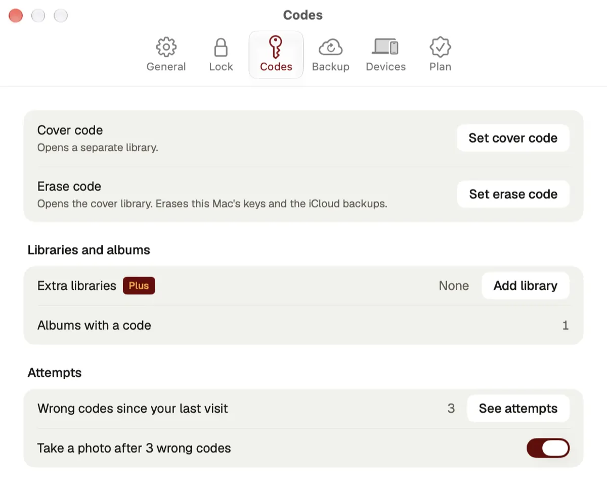 Mac settings for codes: set a cover code, set an erase code, extra libraries, albums with a code and wrong-code attempts