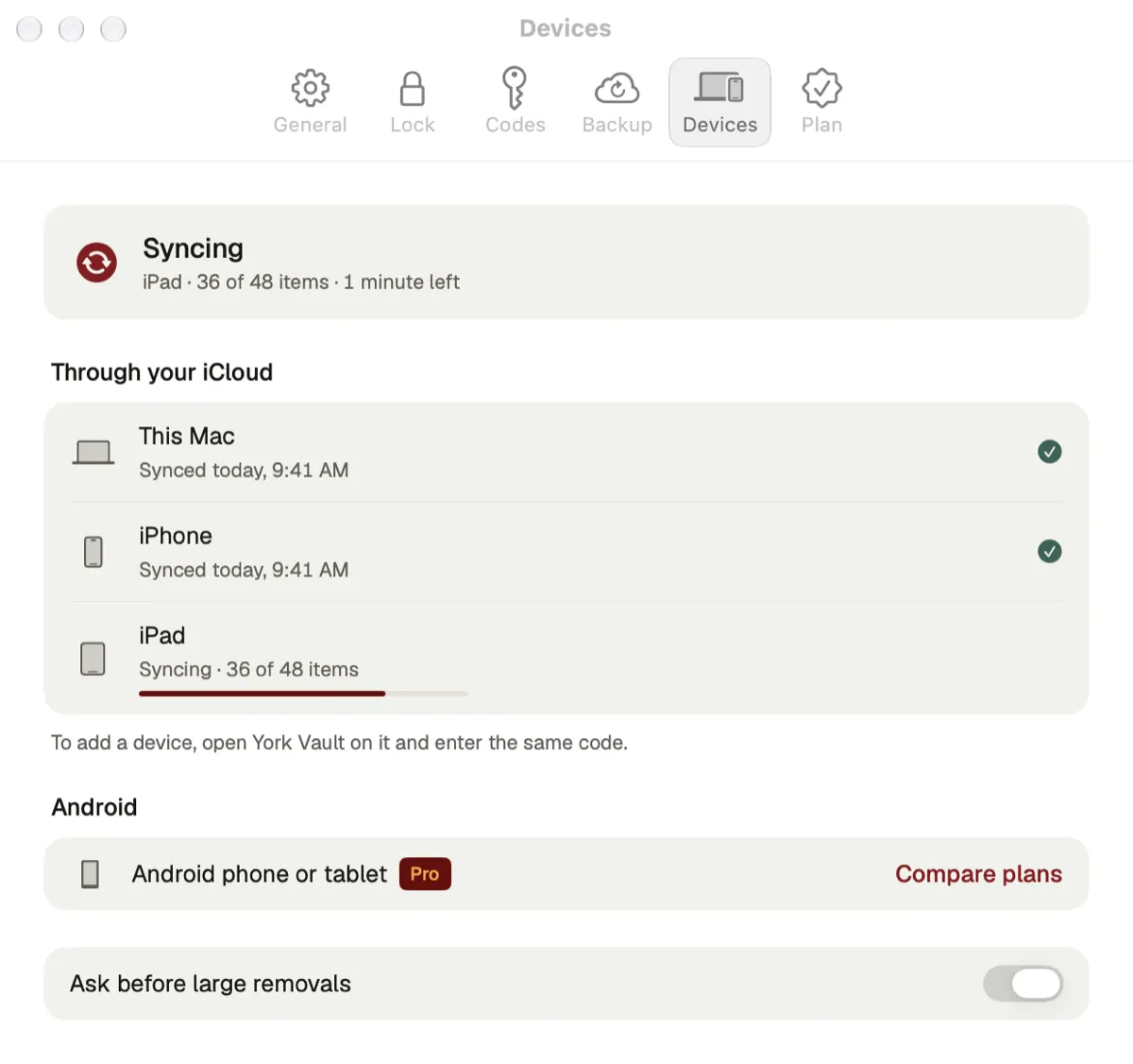 Mac settings for devices: this Mac, iPhone and iPad syncing through your iCloud, and an Android phone or tablet with Pro
