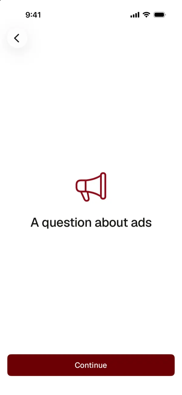 A York Vault screen titled A question about ads, with a Continue button, shown before the Apple tracking prompt