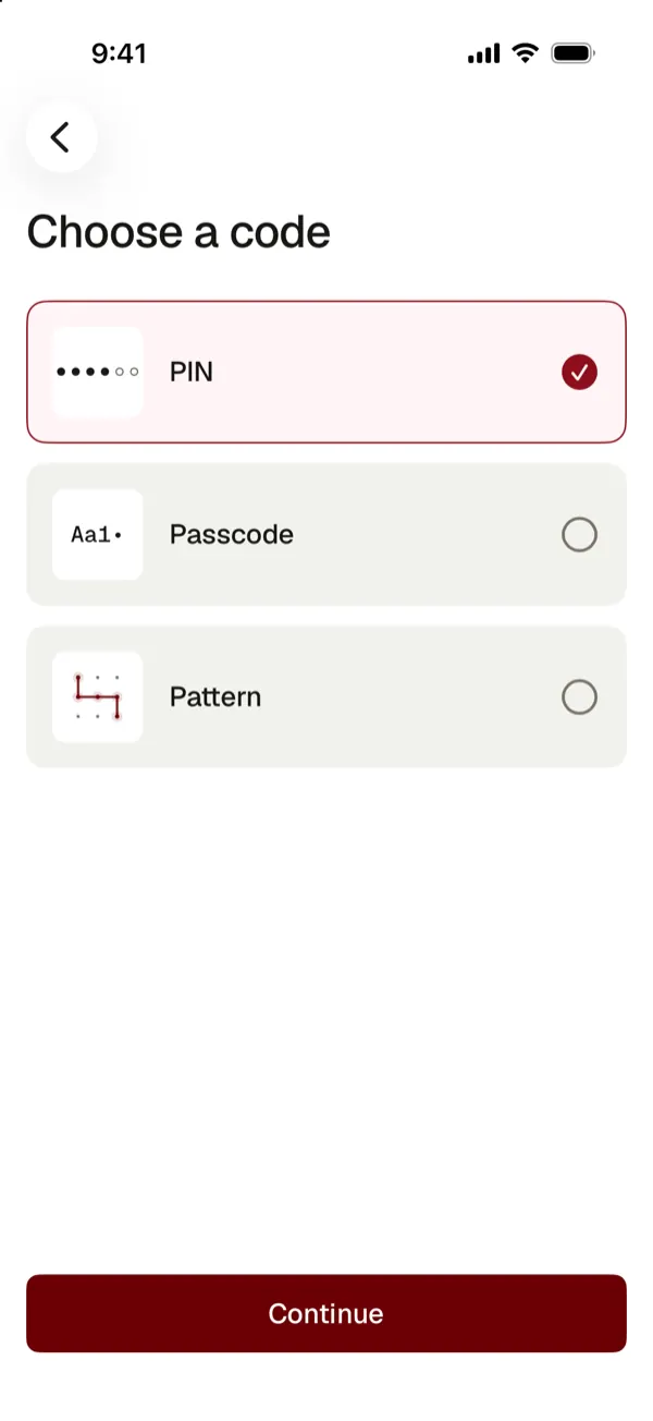 Choose a code: PIN, passcode or pattern