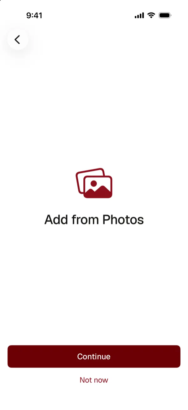 A York Vault screen titled Add from Photos, shown before the system asks for photo access, with Continue and Not now