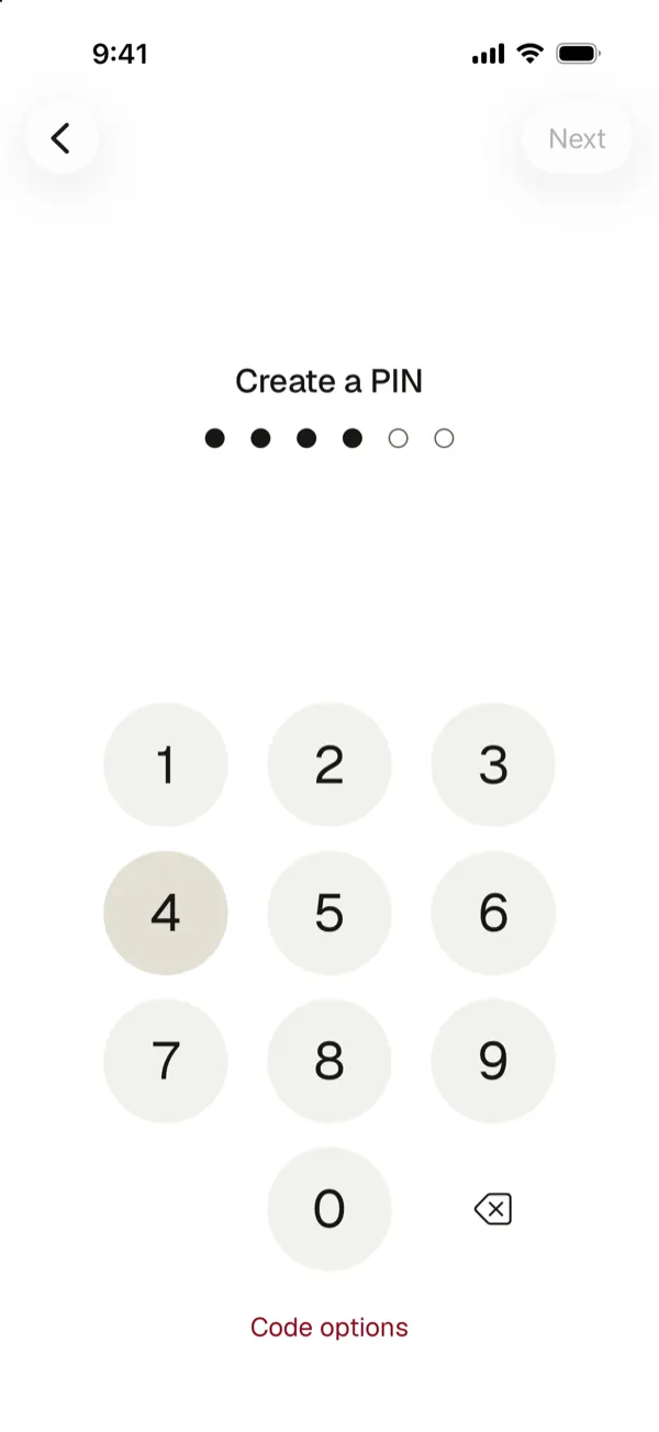 Create a PIN, with 4 of 6 dots filled and a keypad