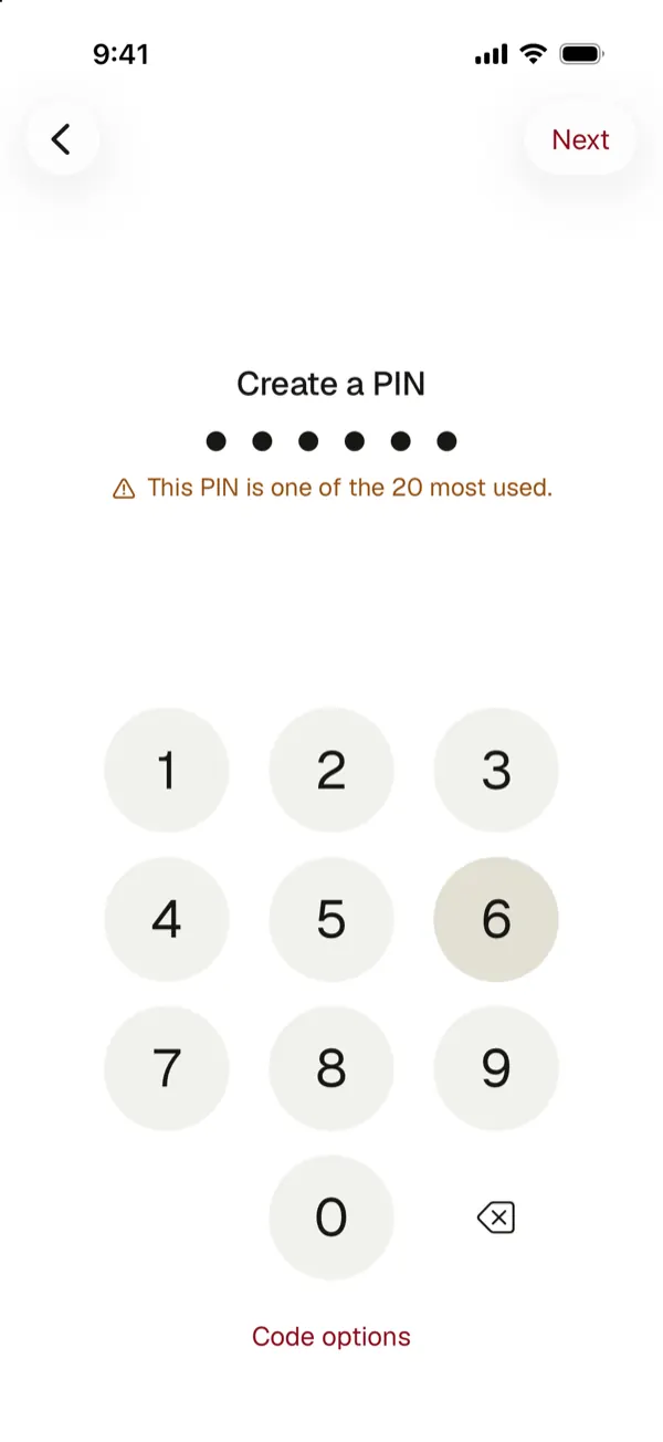 Create a PIN with a warning that this PIN is one of the 20 most used
