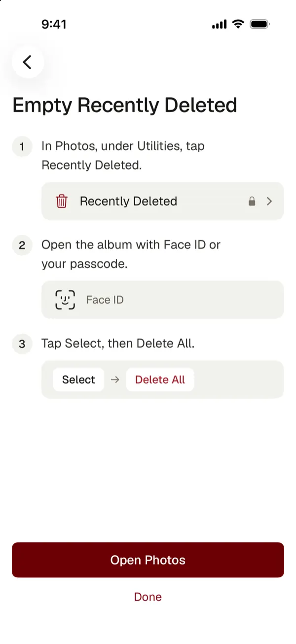 York Vault steps to empty Recently Deleted in Photos: tap Recently Deleted under Utilities, open it with Face ID, then Select and Delete All