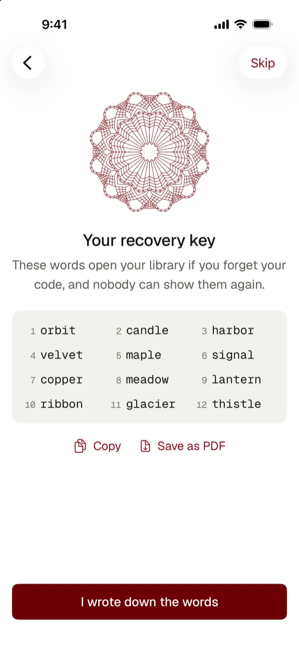 Your recovery key: 12 numbered words, with Copy, Save as PDF and I wrote down the words