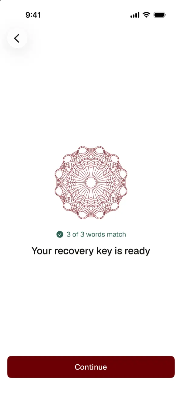 Your recovery key is ready: 3 of 3 words match