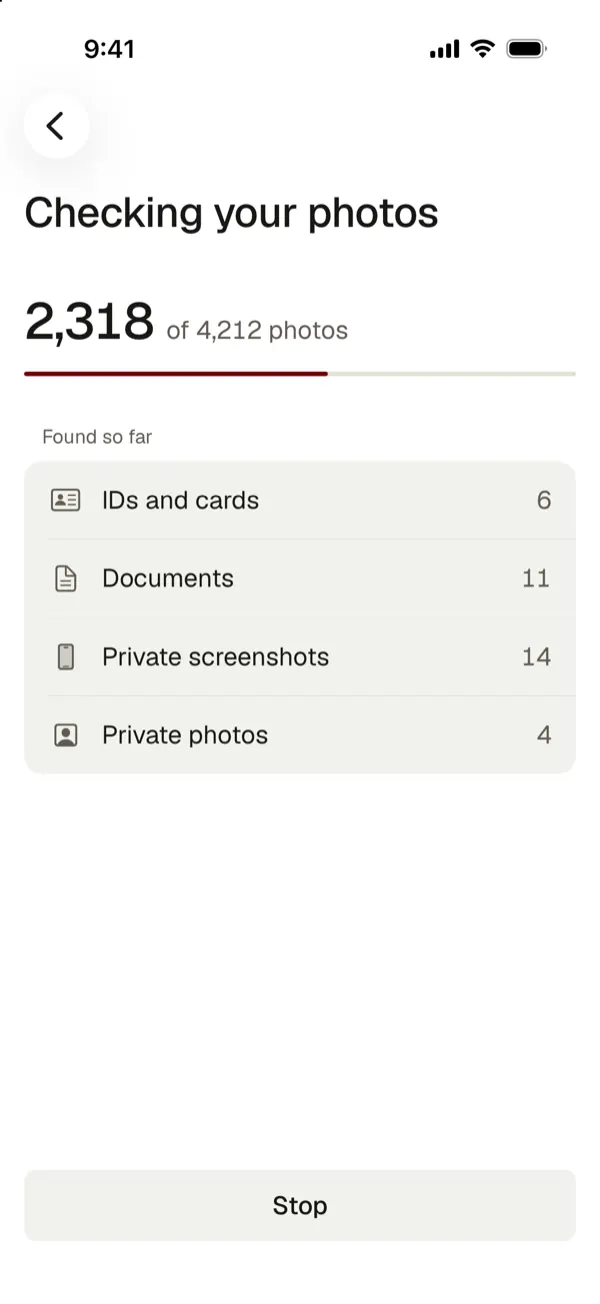 Checking your photos: 2,318 of 4,212, with IDs and cards, documents, private screenshots and private photos found so far