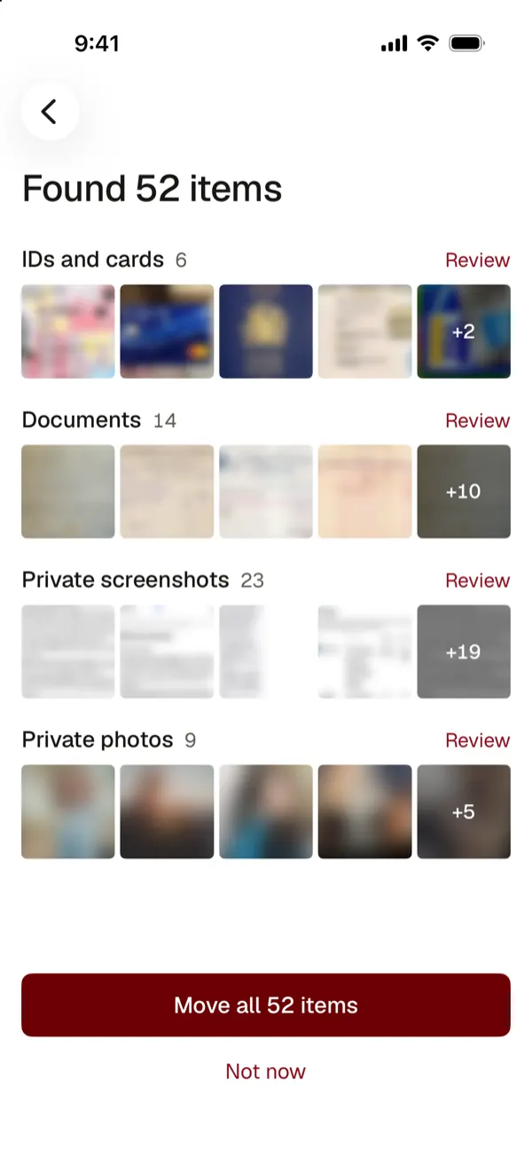 Found 52 items in groups, with blurred thumbnails and a button to move all 52 items