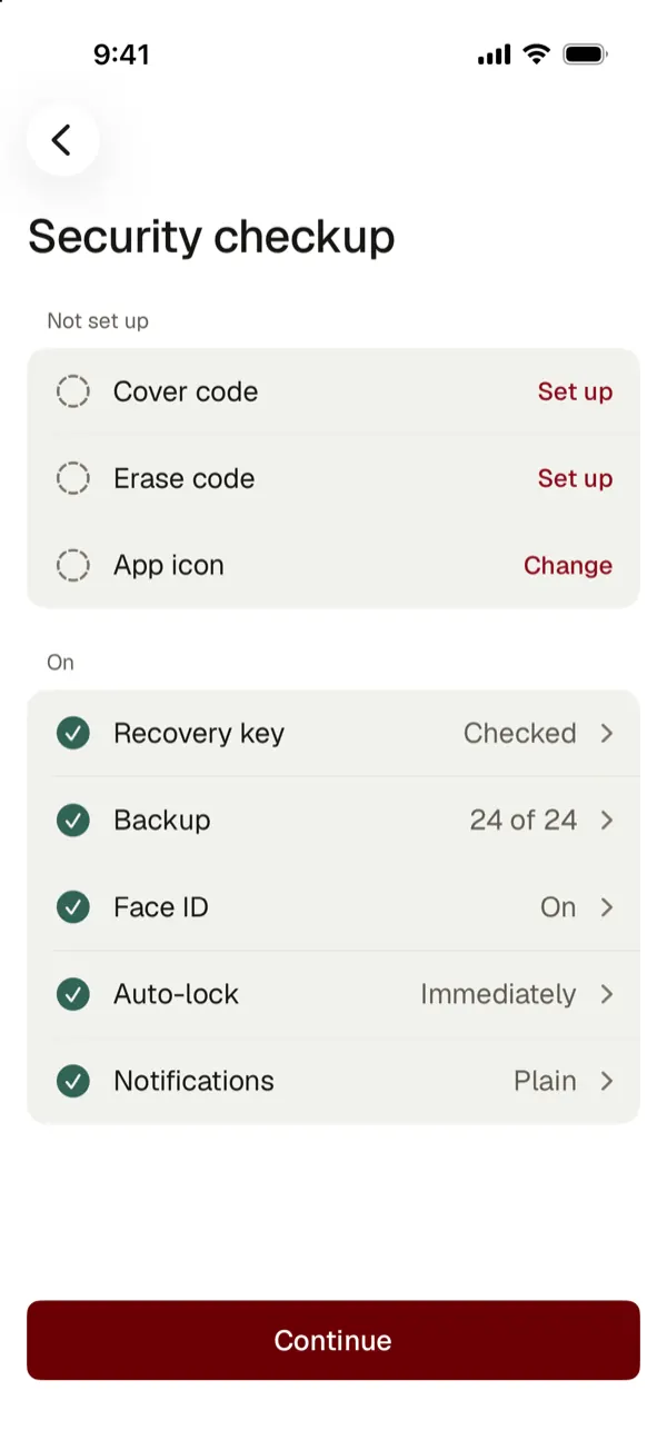 Security checkup: cover code, erase code and app icon not set up, recovery key checked, backup, Face ID, auto-lock and notifications on