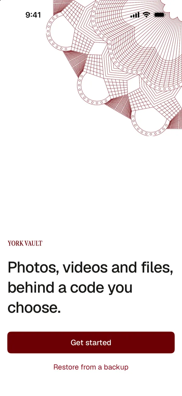 The York Vault welcome screen: Photos, videos and files, behind a code you choose, with Get started