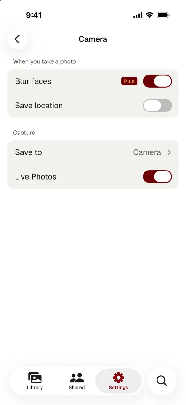 York Vault camera settings: blur faces, save location off, save to an album, Live Photos