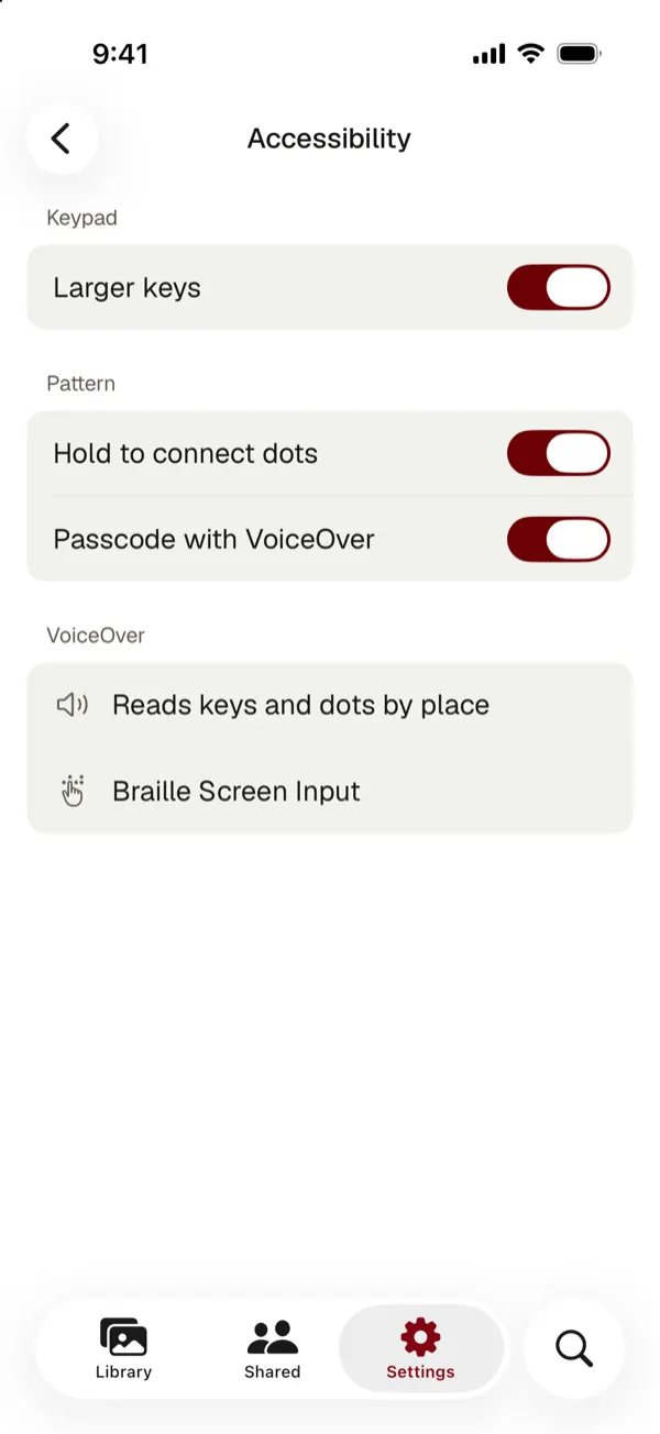 York Vault accessibility settings with larger keypad keys, hold to connect pattern dots, passcode with VoiceOver and Braille Screen Input