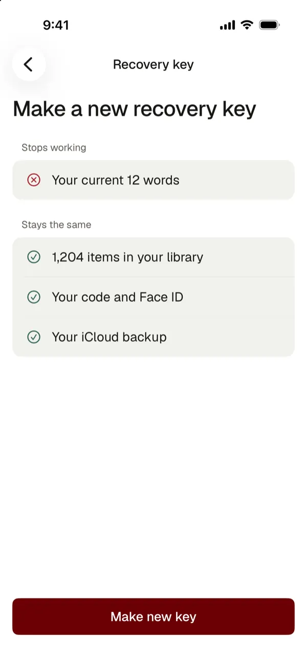 Make a new recovery key: your current 12 words stop working, your items, code and backup stay the same